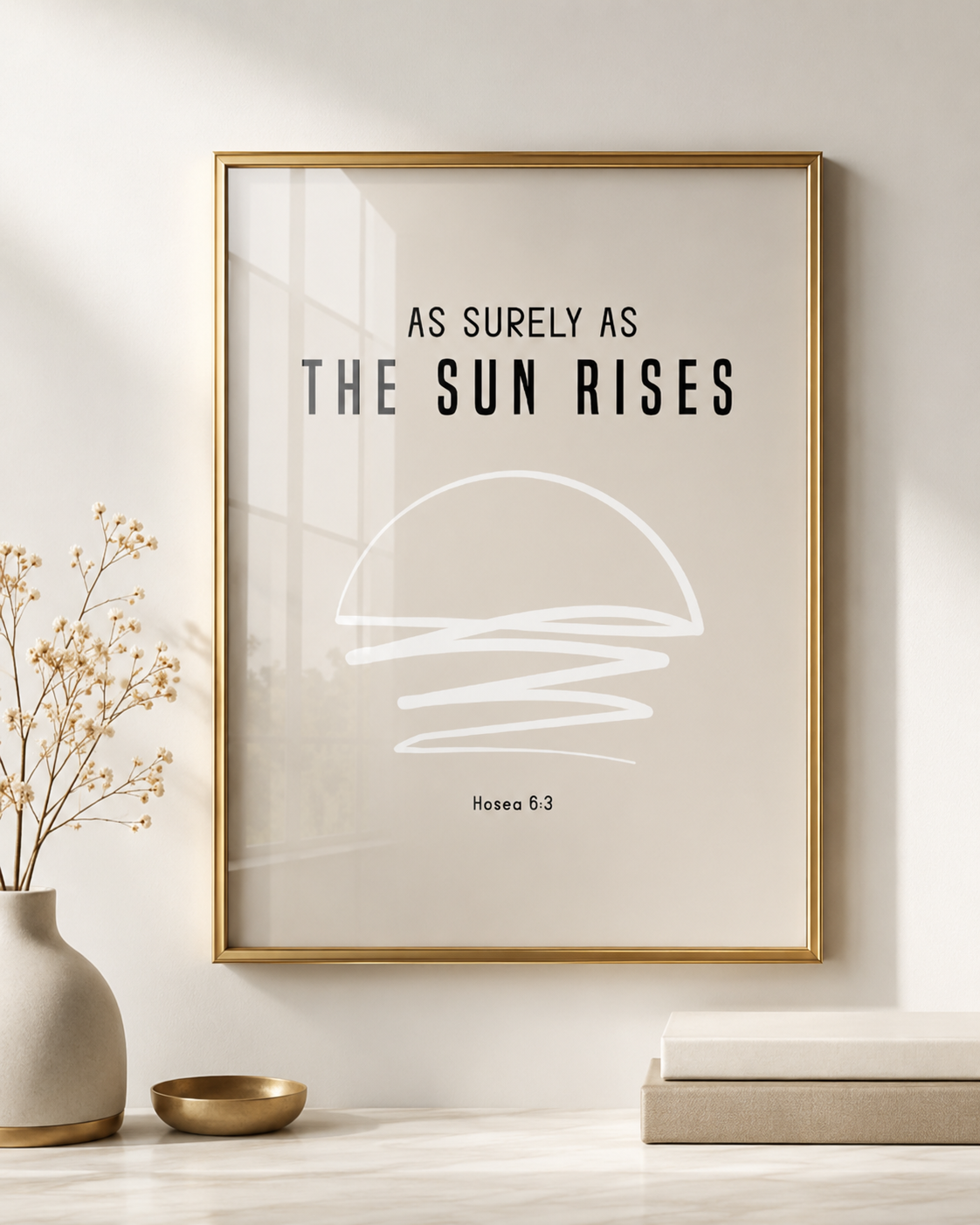 Close-up of Hosea 6:3 wall art print showing the full "As Surely As the Sun Rises" line-art sunrise design