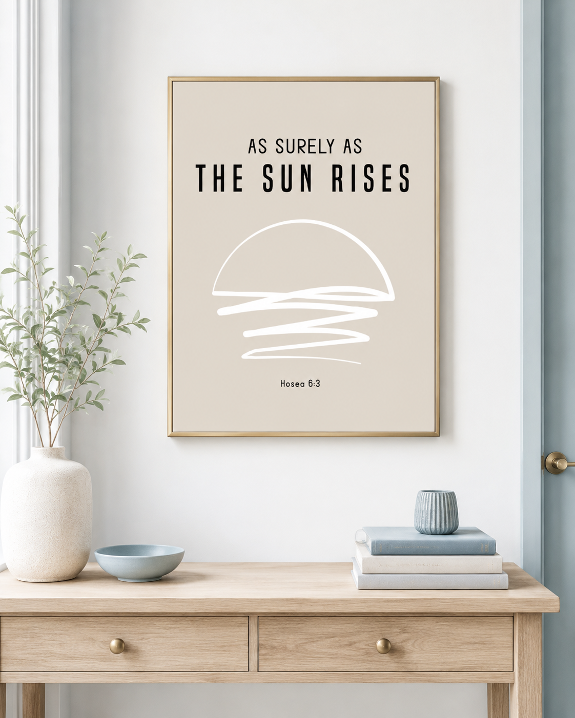 Hosea 6:3 wall art print in a gold frame on a table with a small vase