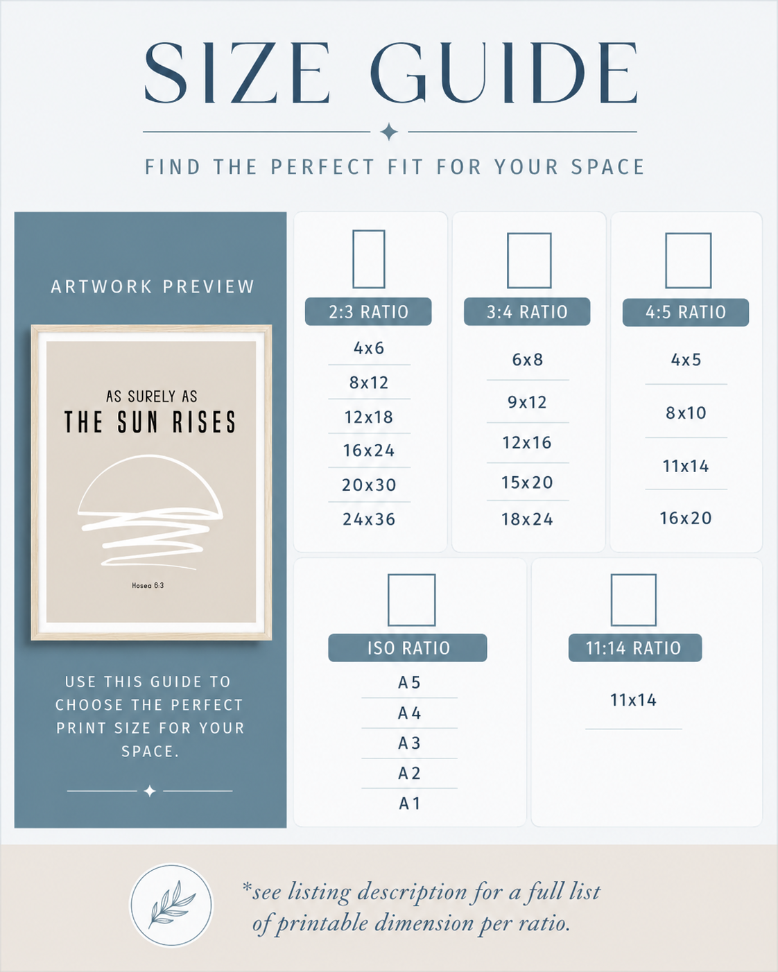 Size guide chart showing available print sizes for the Hosea 6:3 wall art download