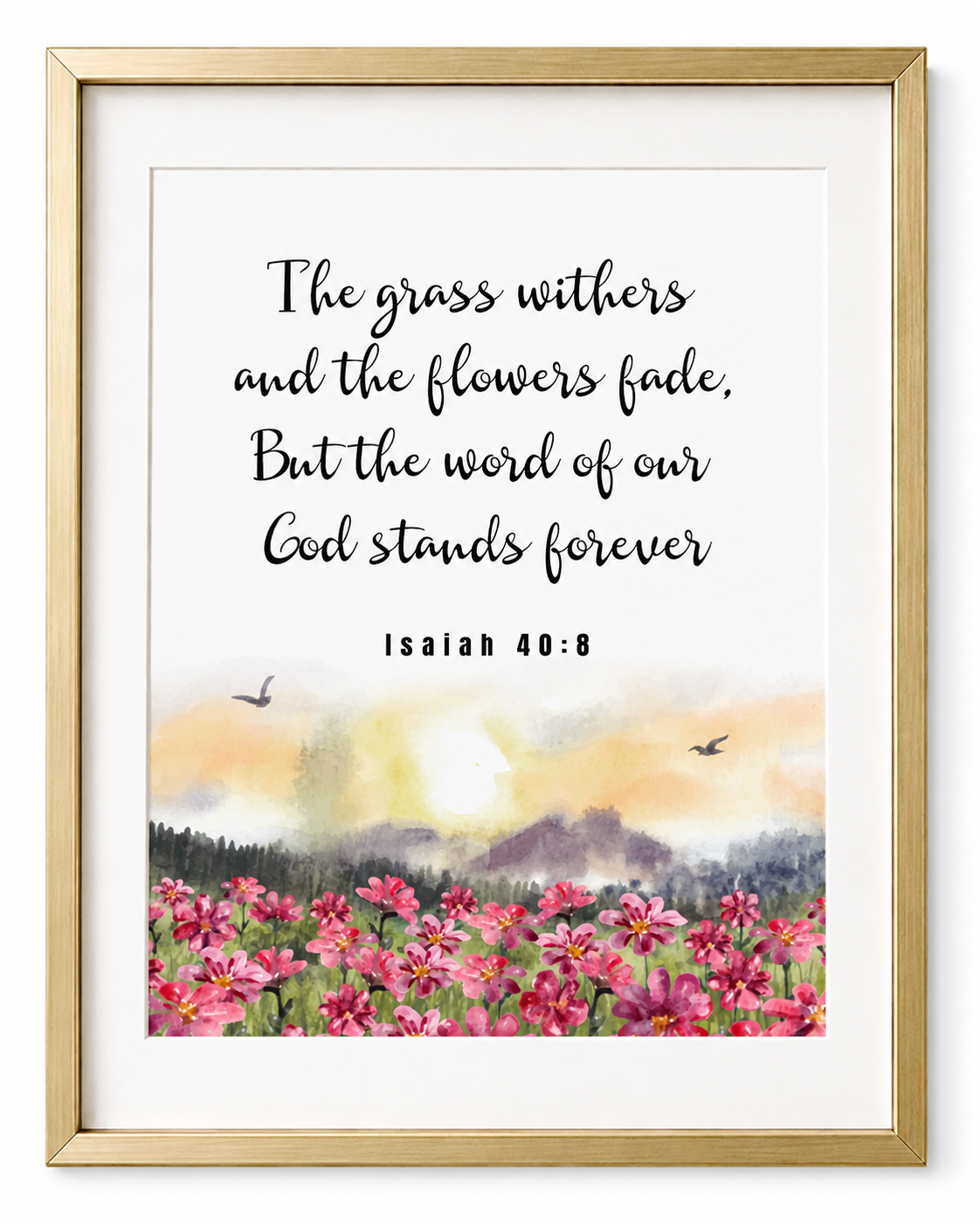 Close-up of Isaiah 40:8 wall art print in a gold frame showing the colorful poppy field design