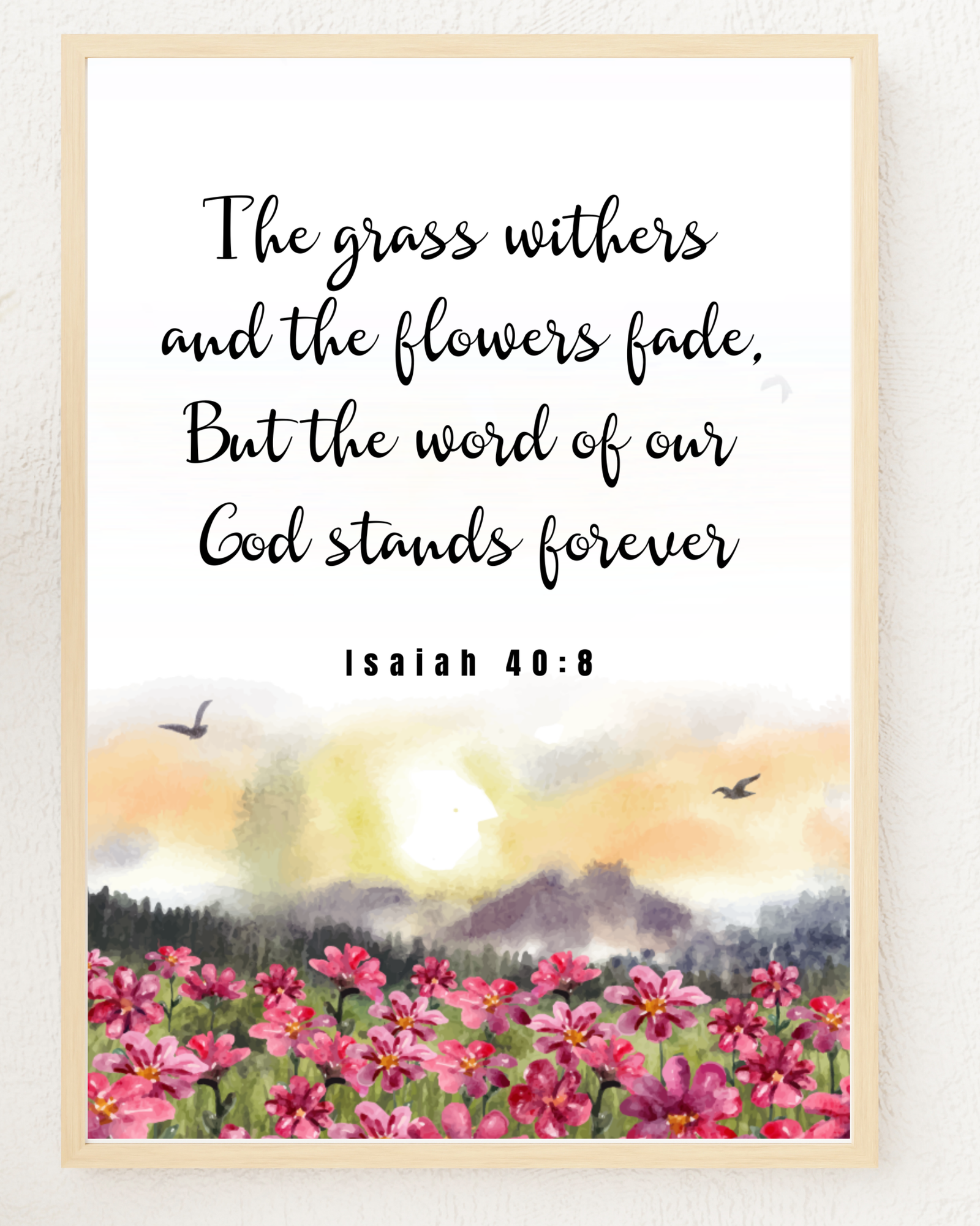Isaiah 40:8 wall art print showing the full "word of our God" scripture text and landscape design