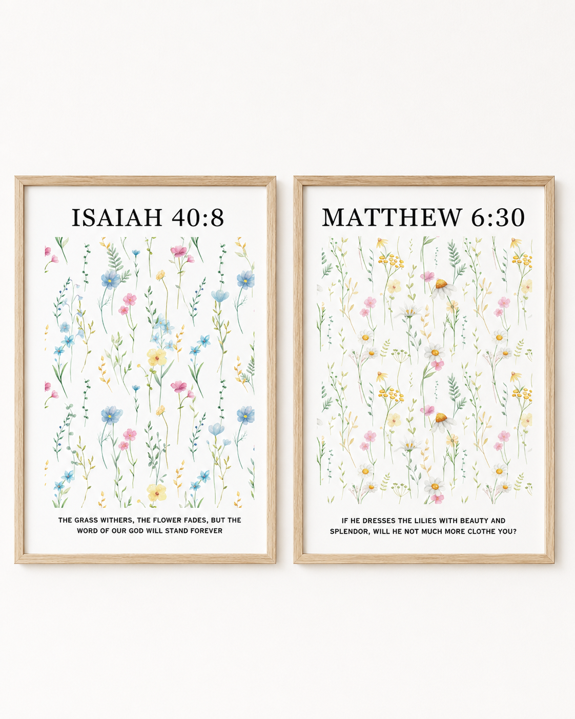 Close-up of the Isaiah 40:8 and Matthew 6:30 wall art print set in matching wood frames