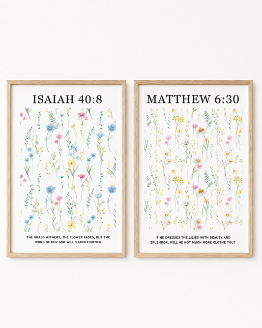 Close-up of the Isaiah 40:8 and Matthew 6:30 wall art print set in matching wood frames