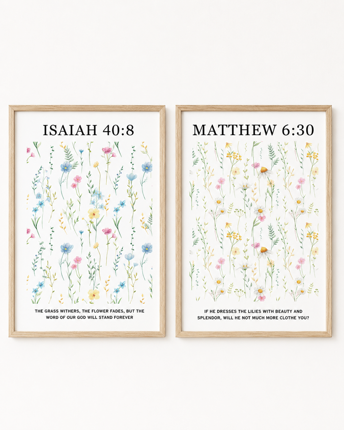Close-up of the Isaiah 40:8 and Matthew 6:30 wall art print set in matching wood frames
