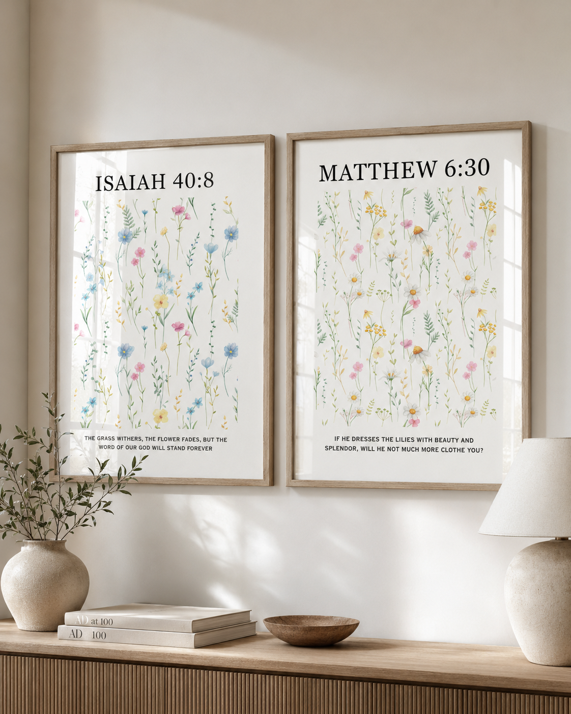 Framed Isaiah 40:8 and Matthew 6:30 wall art set on a console table near an entryway