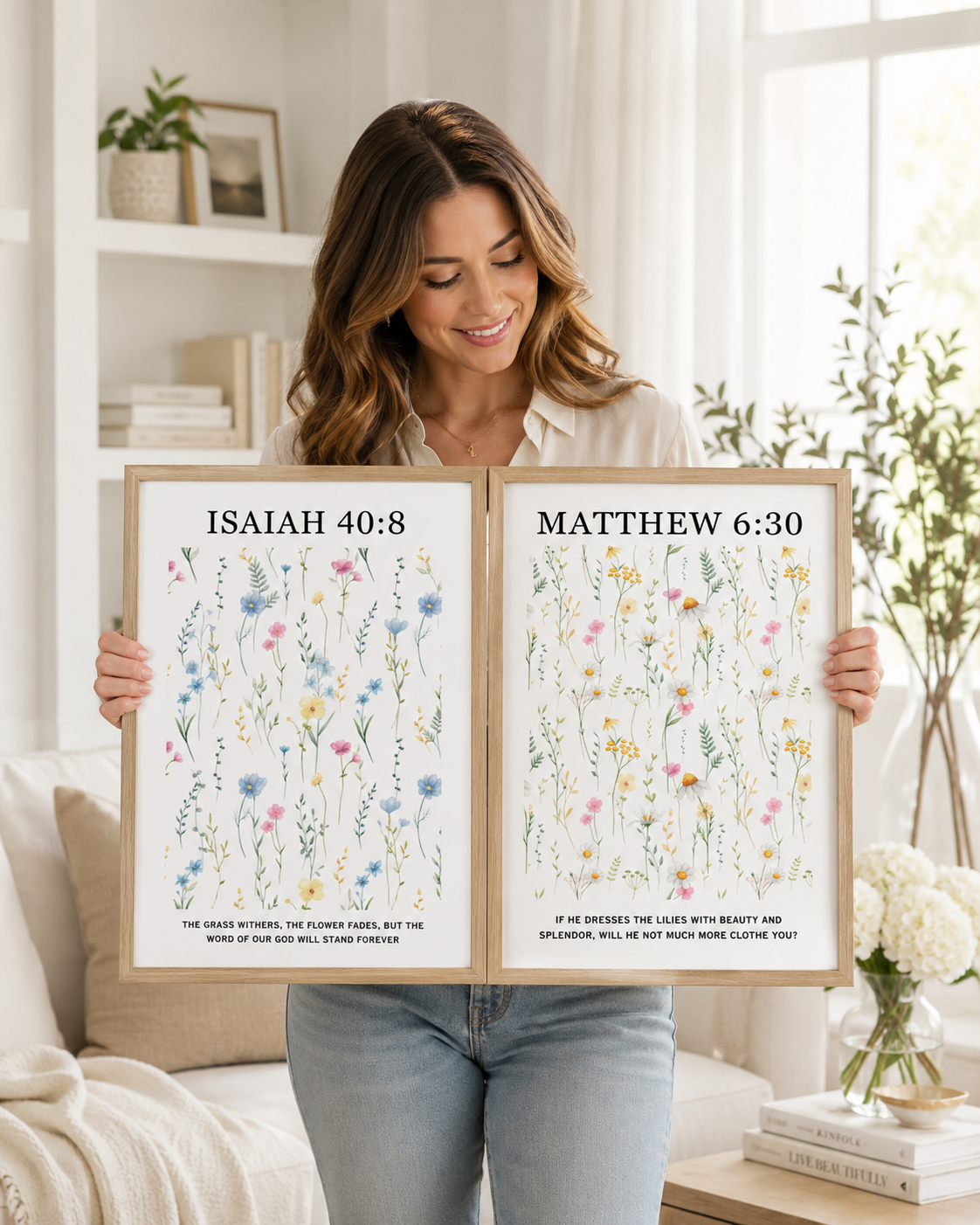 Woman holding the Isaiah 40:8 and Matthew 6:30 wall art print set at home