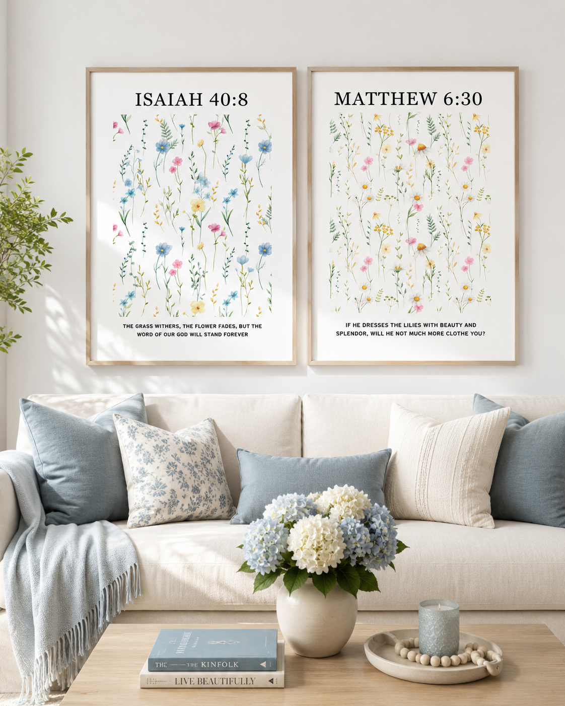 Two-print wall art set featuring Isaiah 40:8 and Matthew 6:30 in wood frames in a living room