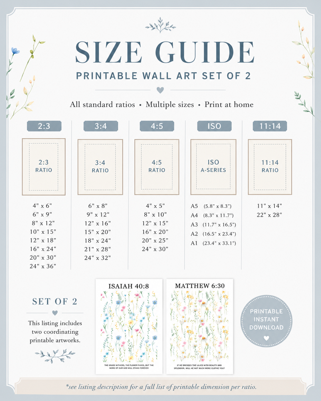 Size guide chart for the Isaiah 40:8 and Matthew 6:30 printable wall art set of 2