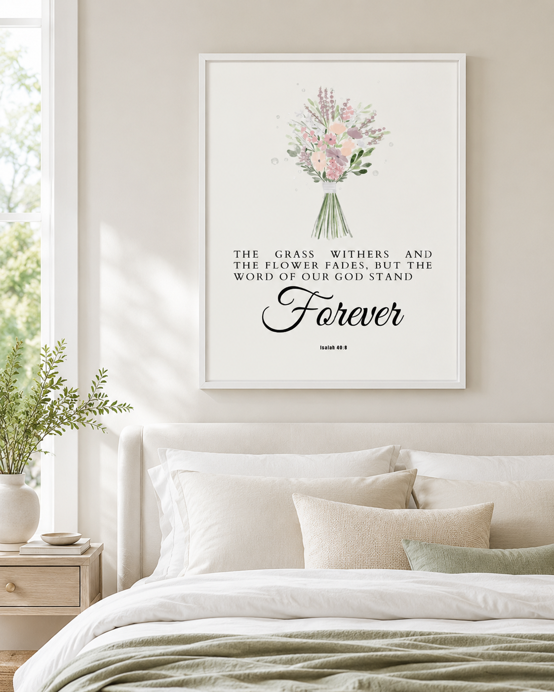 Isaiah 40:8 scripture print in a black frame displayed in a bedroom