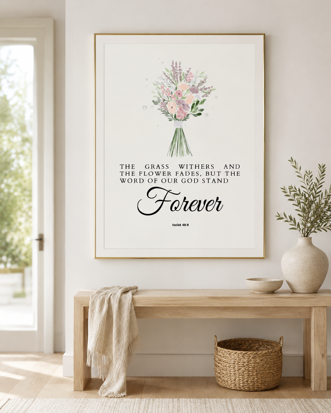 Framed Isaiah 40:8 wall art print on a console table near an entryway
