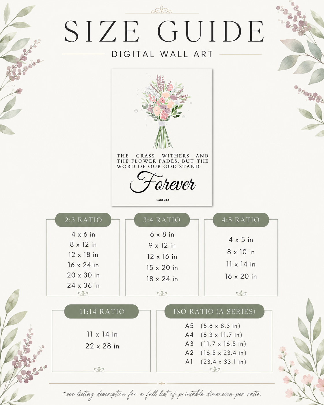 Size guide chart showing available print sizes for the Isaiah 40:8 wall art download