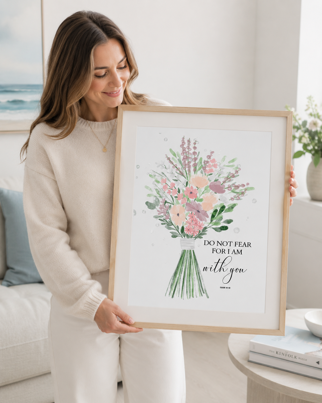 Woman holding a framed Isaiah 41:10 Bible verse print at home