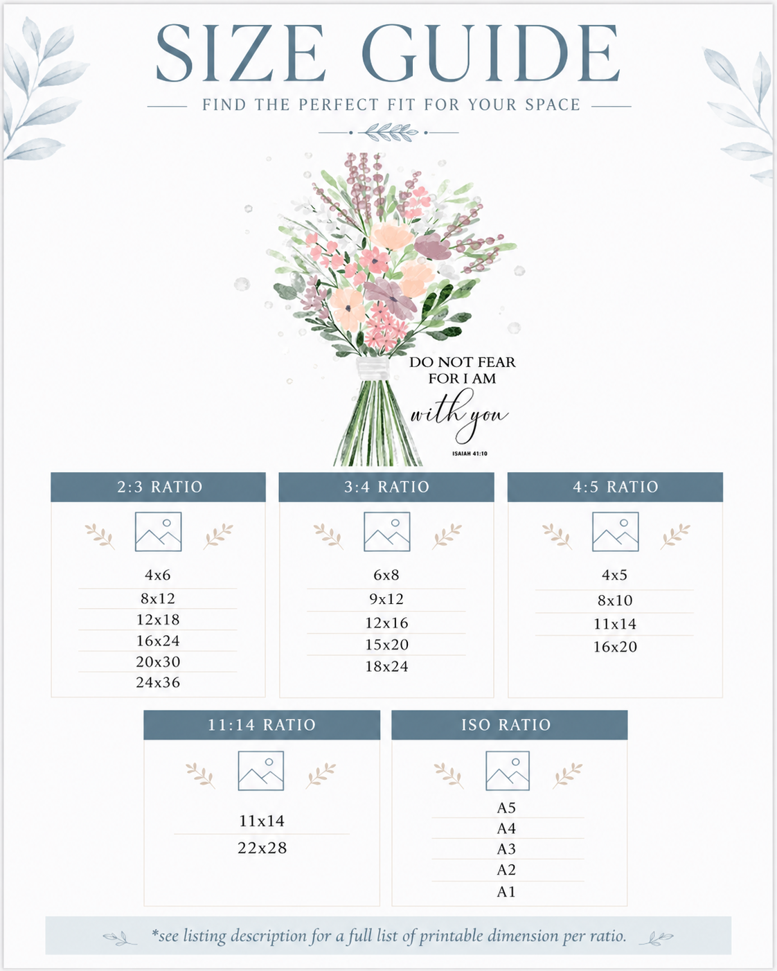 Size guide chart showing available print sizes for the Isaiah 41:10 wall art download