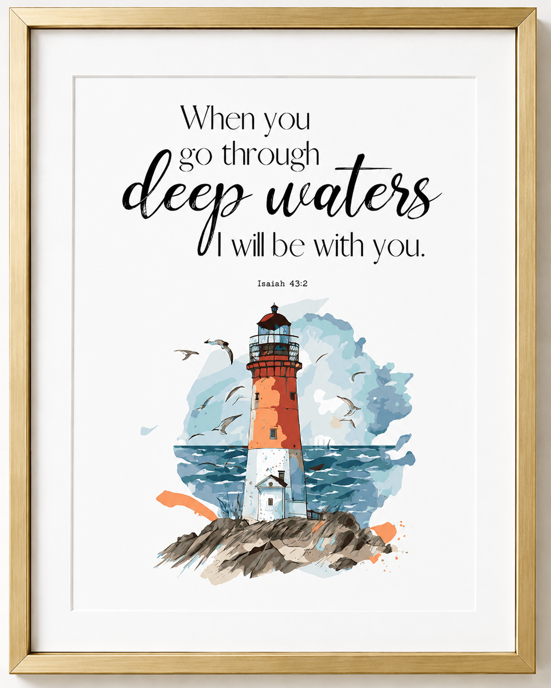 Isaiah 43:2 wall art print in a gold frame showing the full "deep waters" scripture text and lighthouse illustration