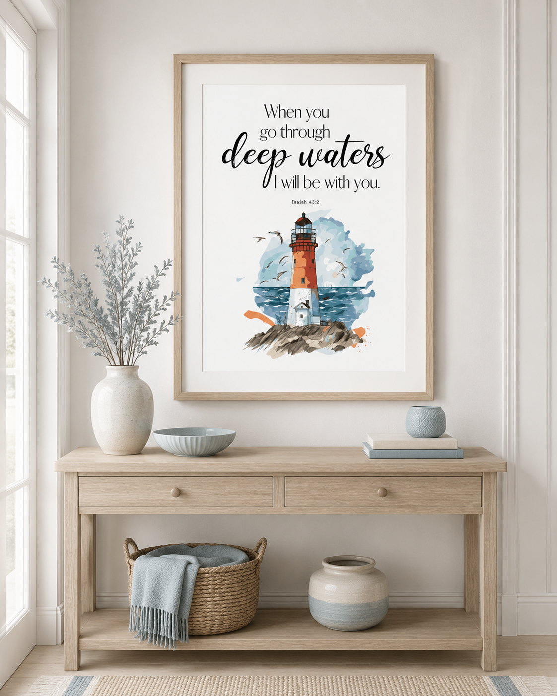Framed Isaiah 43:2 wall art print on a console table near an entryway
