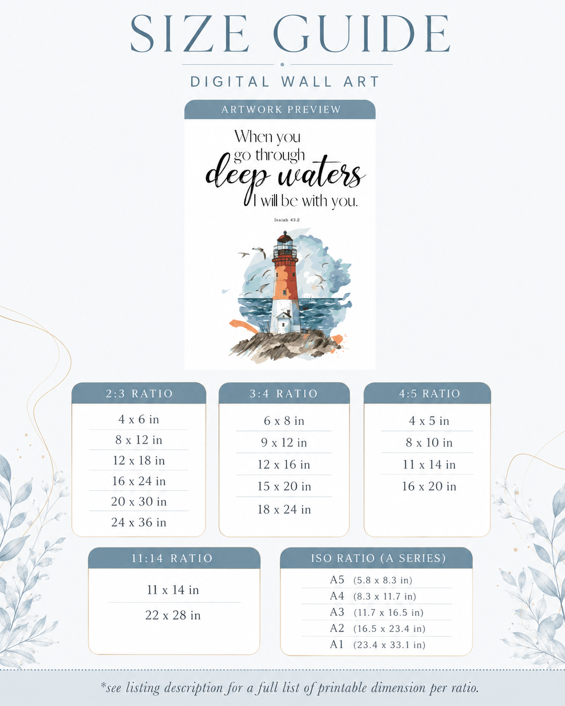 Size guide chart showing available print sizes for the Isaiah 43:2 lighthouse wall art download