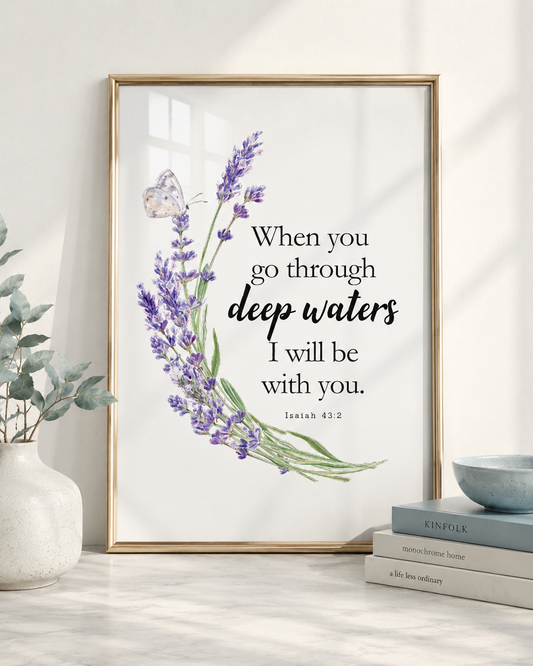 Close-up of Isaiah 43:2 wall art print in a black frame showing the watercolor lavender design