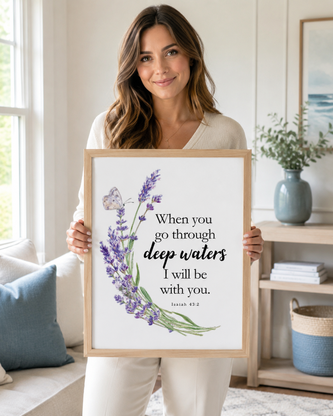 Woman holding a framed Isaiah 43:2 Bible verse print at home