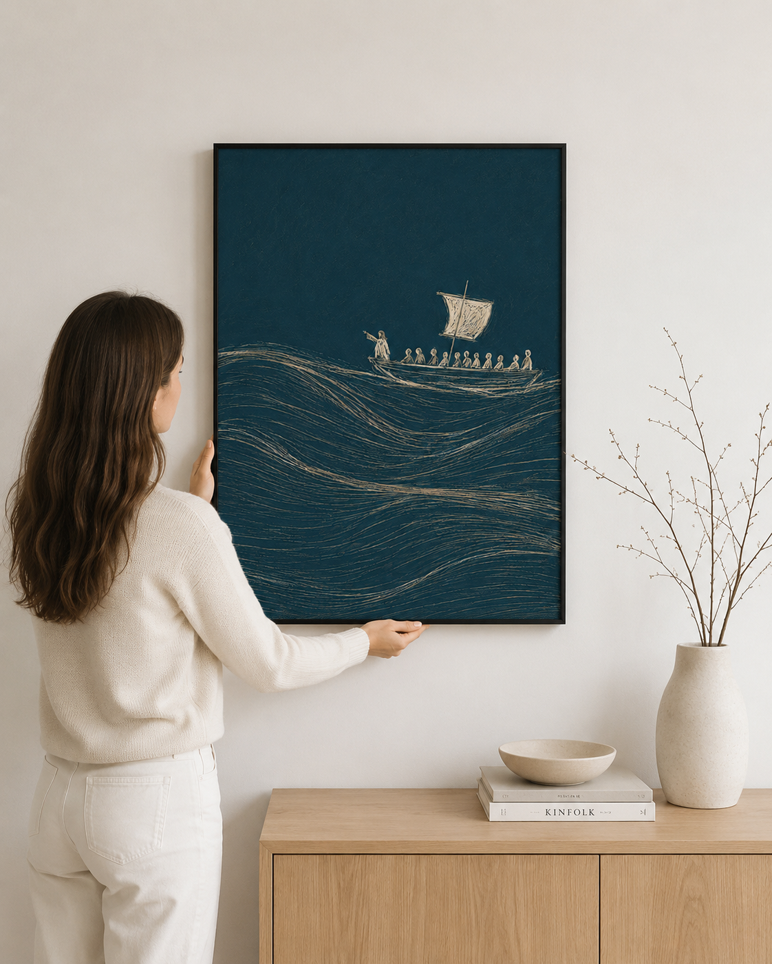 Jesus Calms the Storm wall art print in a gold frame on a console table