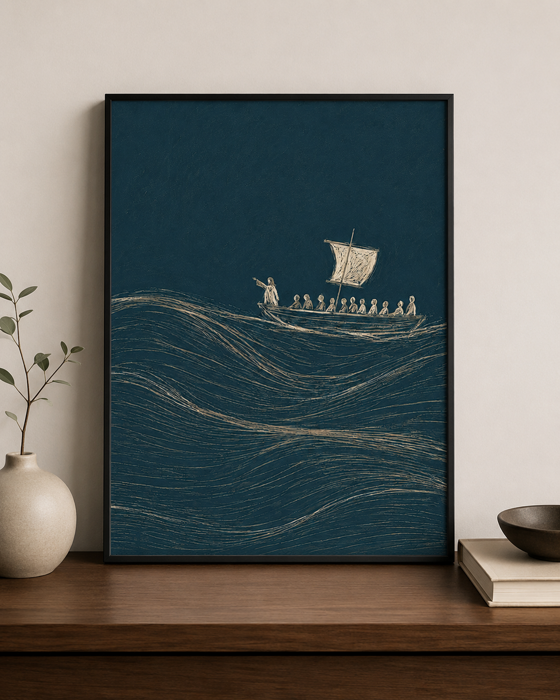 Jesus Calms the Storm wall art print displayed on a wooden dresser with a vase