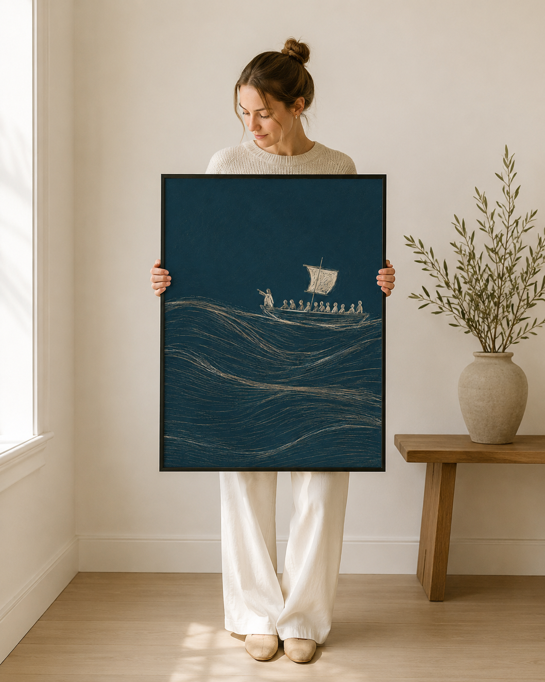 Close view of a woman presenting the Jesus Calms the Storm wall art print