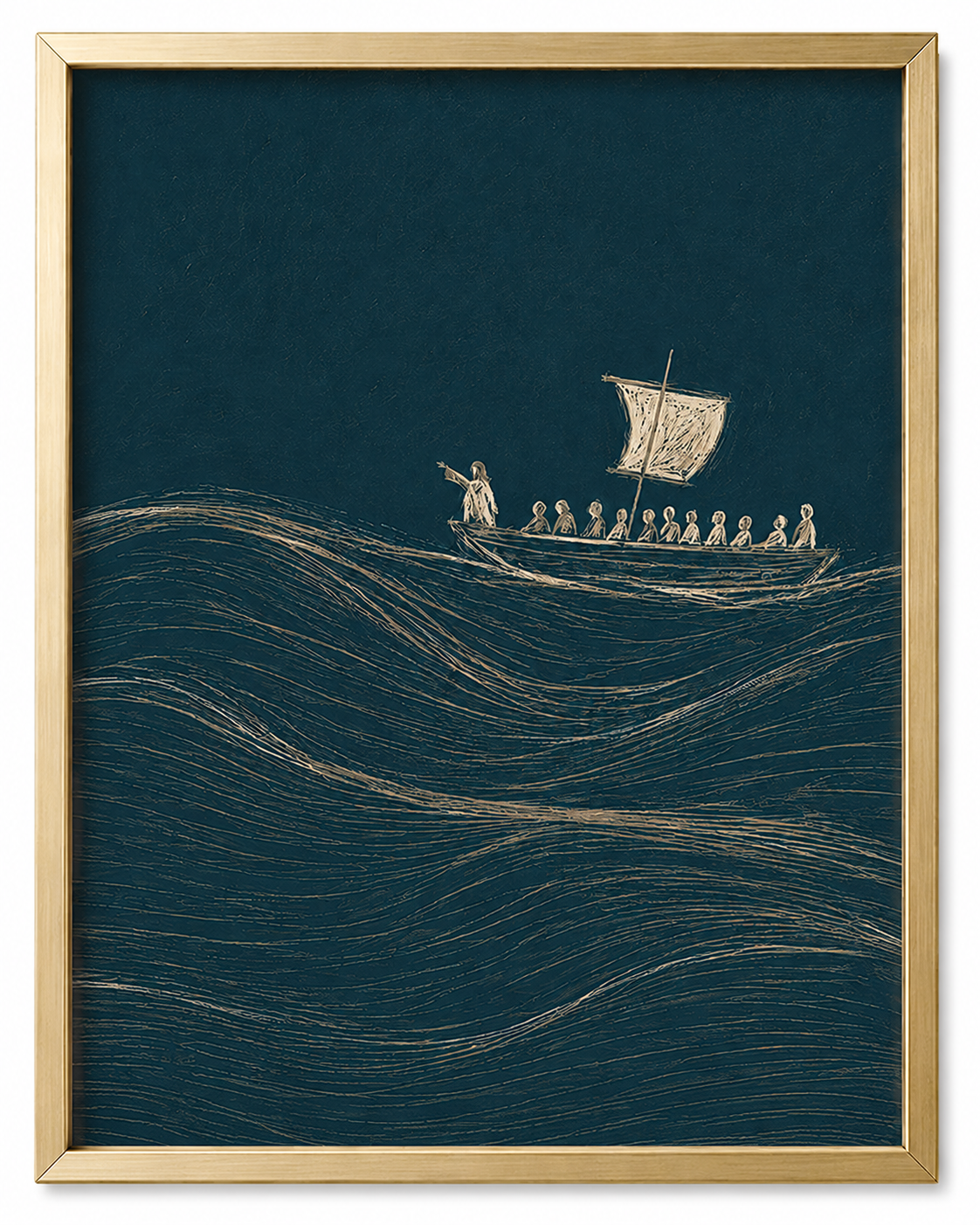 Jesus Calms the Storm wall art print in a gold frame on a console table