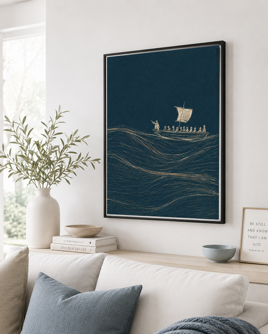 Jesus Calms the Storm wall art print displayed in a hallway entrance