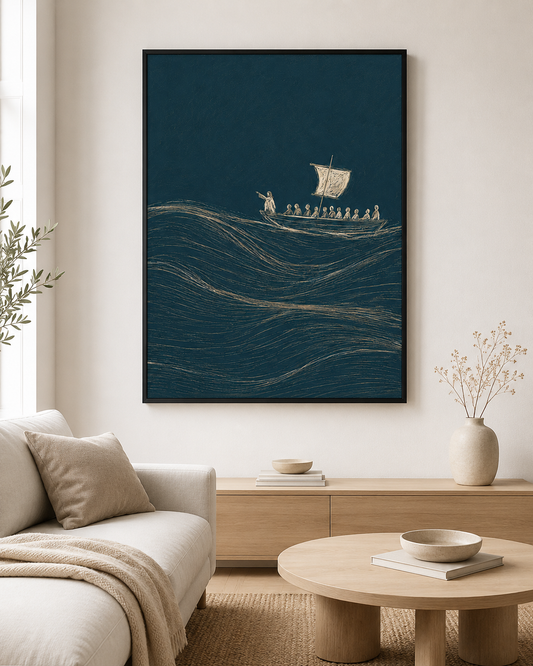 Jesus Calms the Storm wall art print above a neutral-toned living room sofa