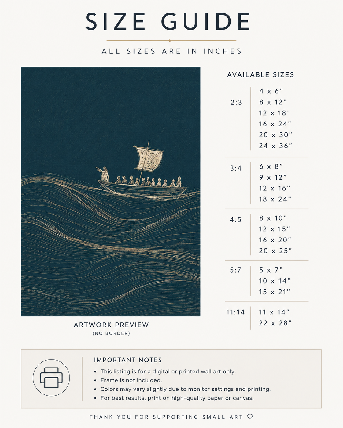 Detailed size chart for the Jesus Calms the Storm wall art print