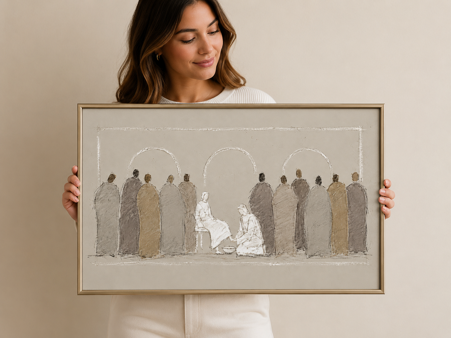 Woman holding the Jesus Washes the Disciples' Feet wall art print as a gift