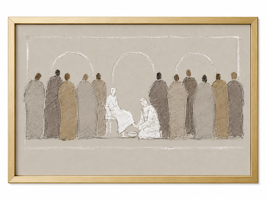 Close-up of the Jesus Washes the Disciples' Feet wall art print in a gold frame