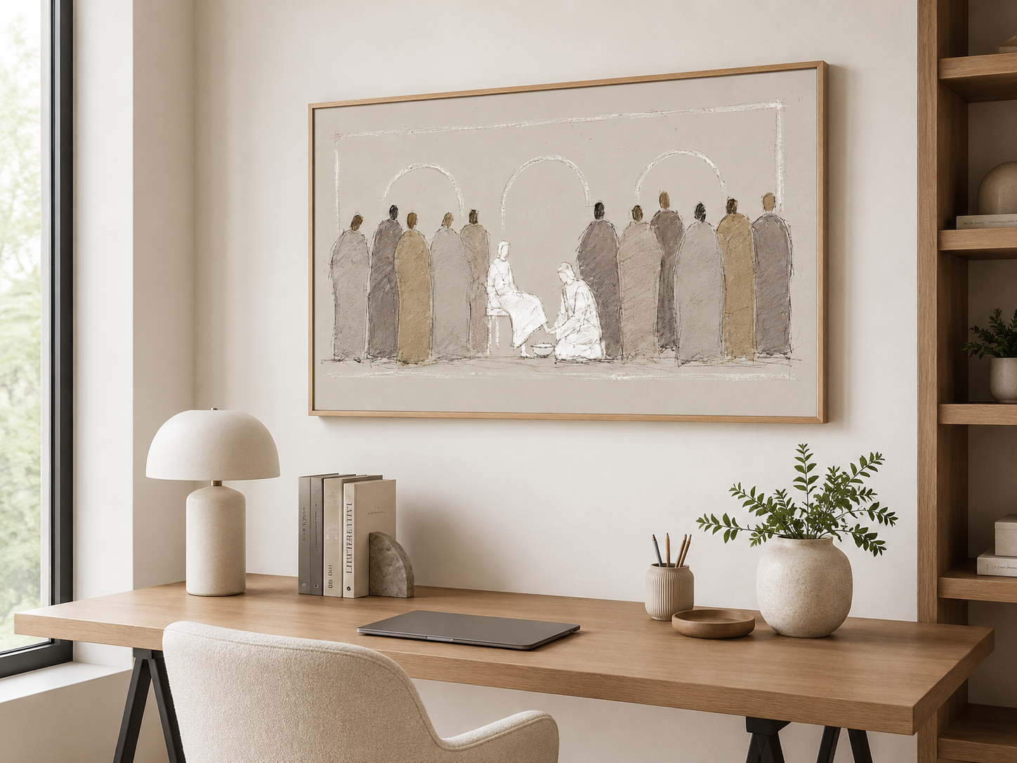 Jesus Washes the Disciples' Feet framed print above a living room sofa