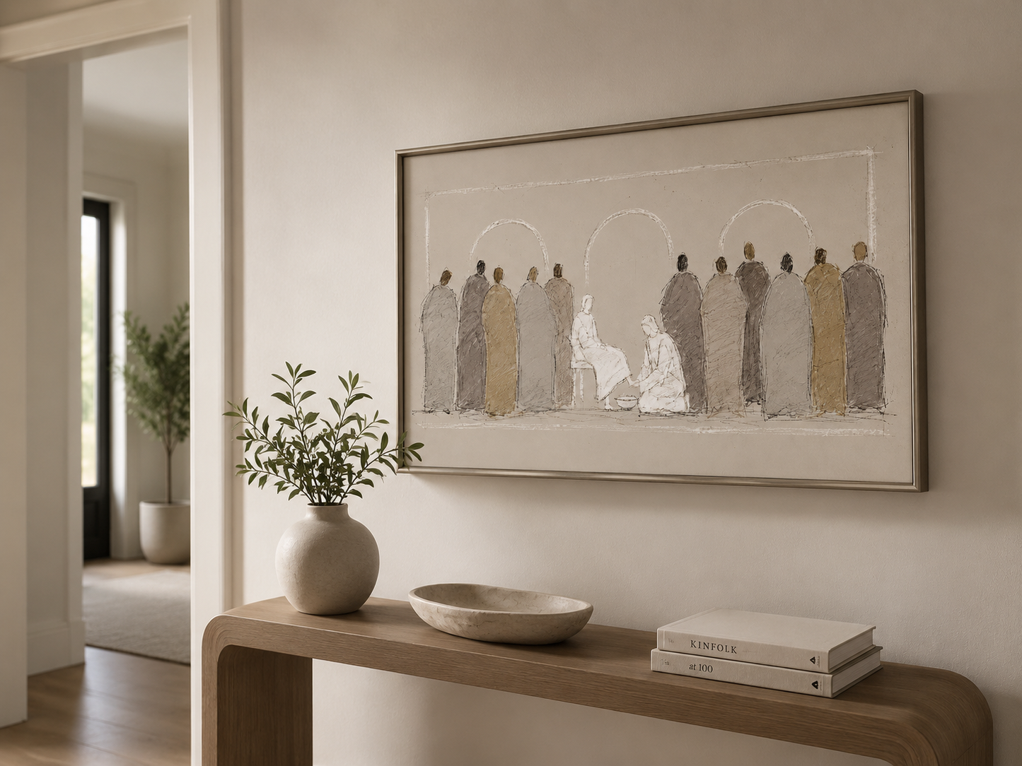 Jesus Washes the Disciples' Feet wall art print in a reading nook with bookshelves