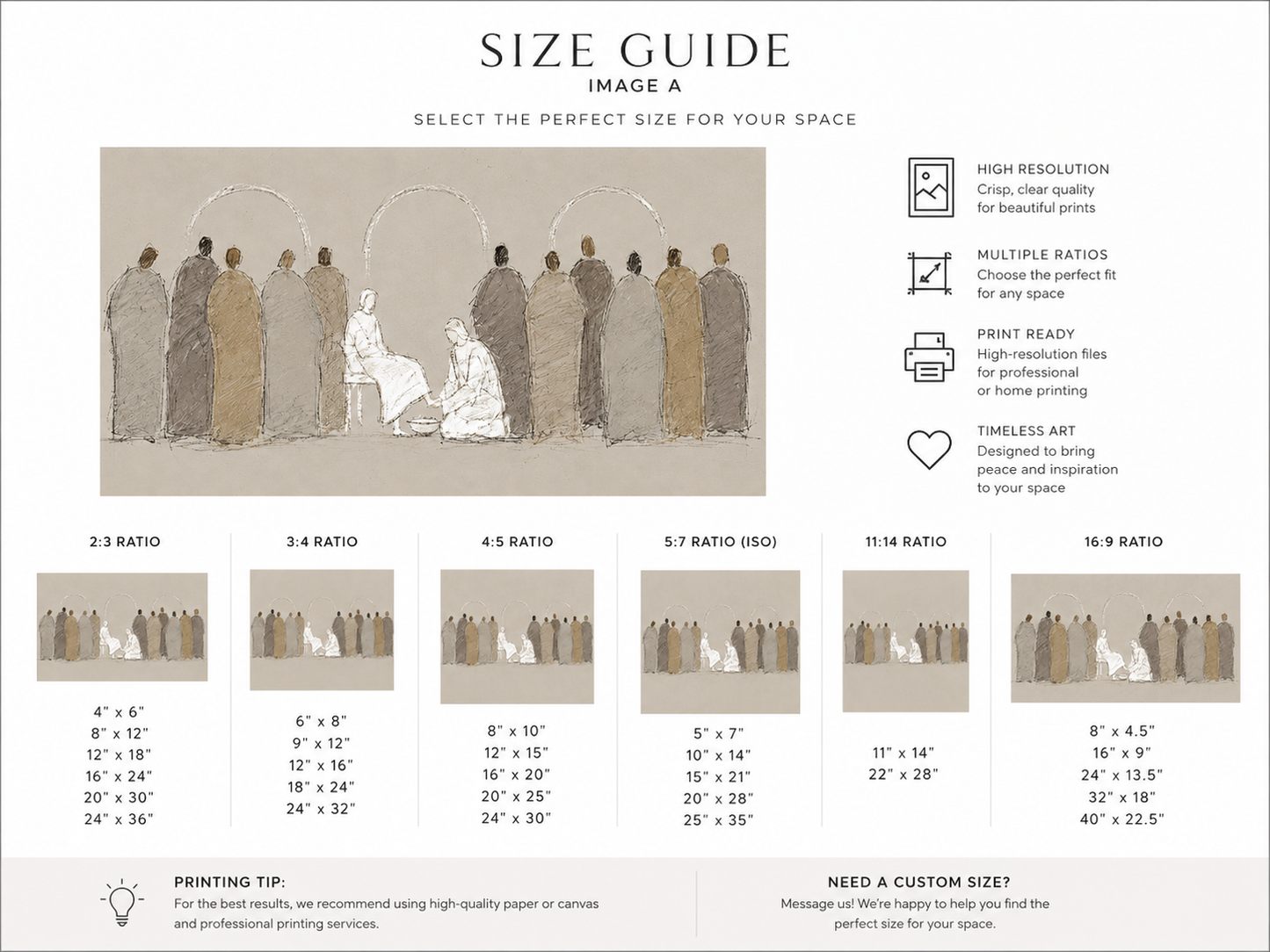 Jesus Washes the Disciples' Feet wall art print size guide showing available dimensions