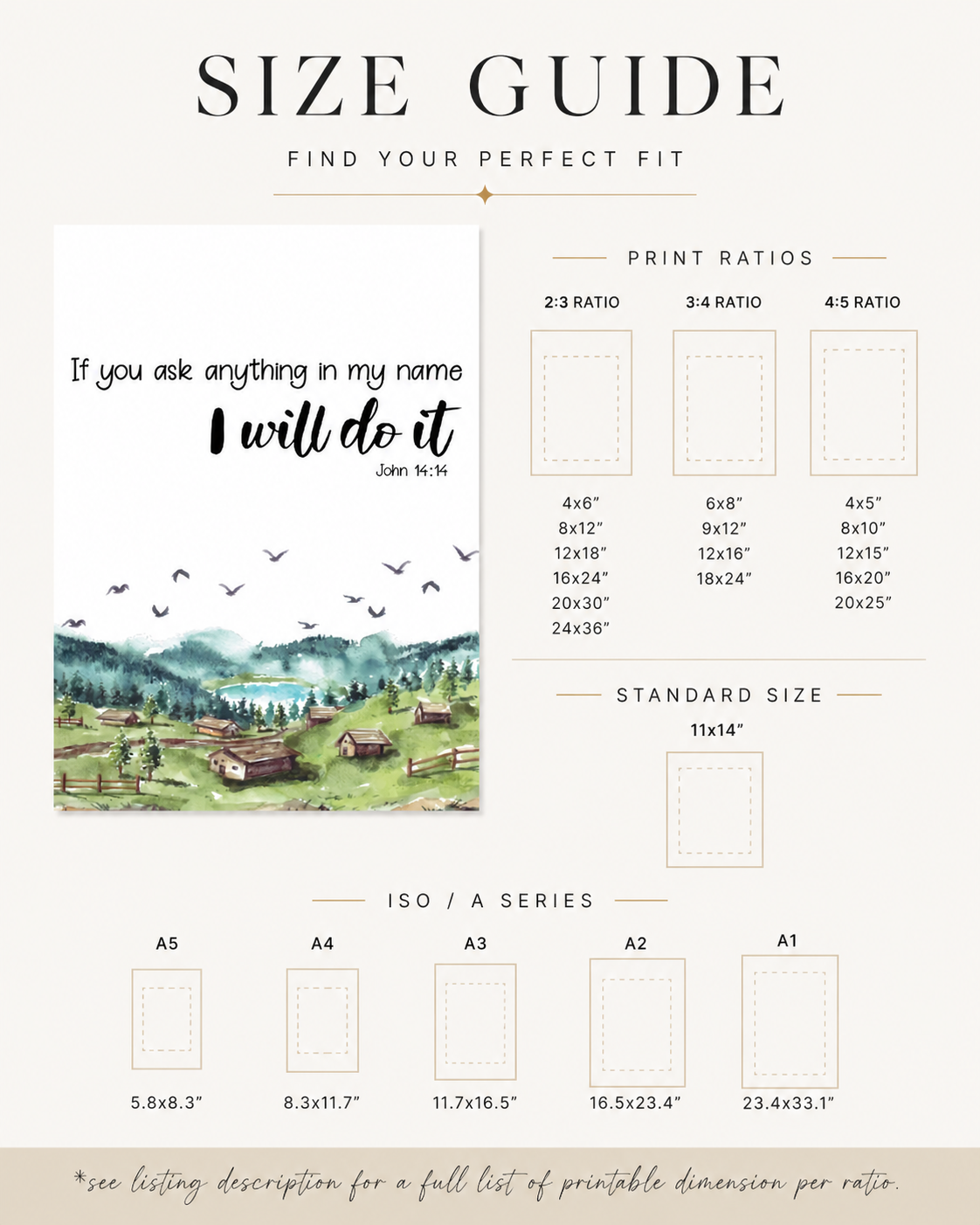 Size guide chart showing available print sizes for the John 14:14 wall art download