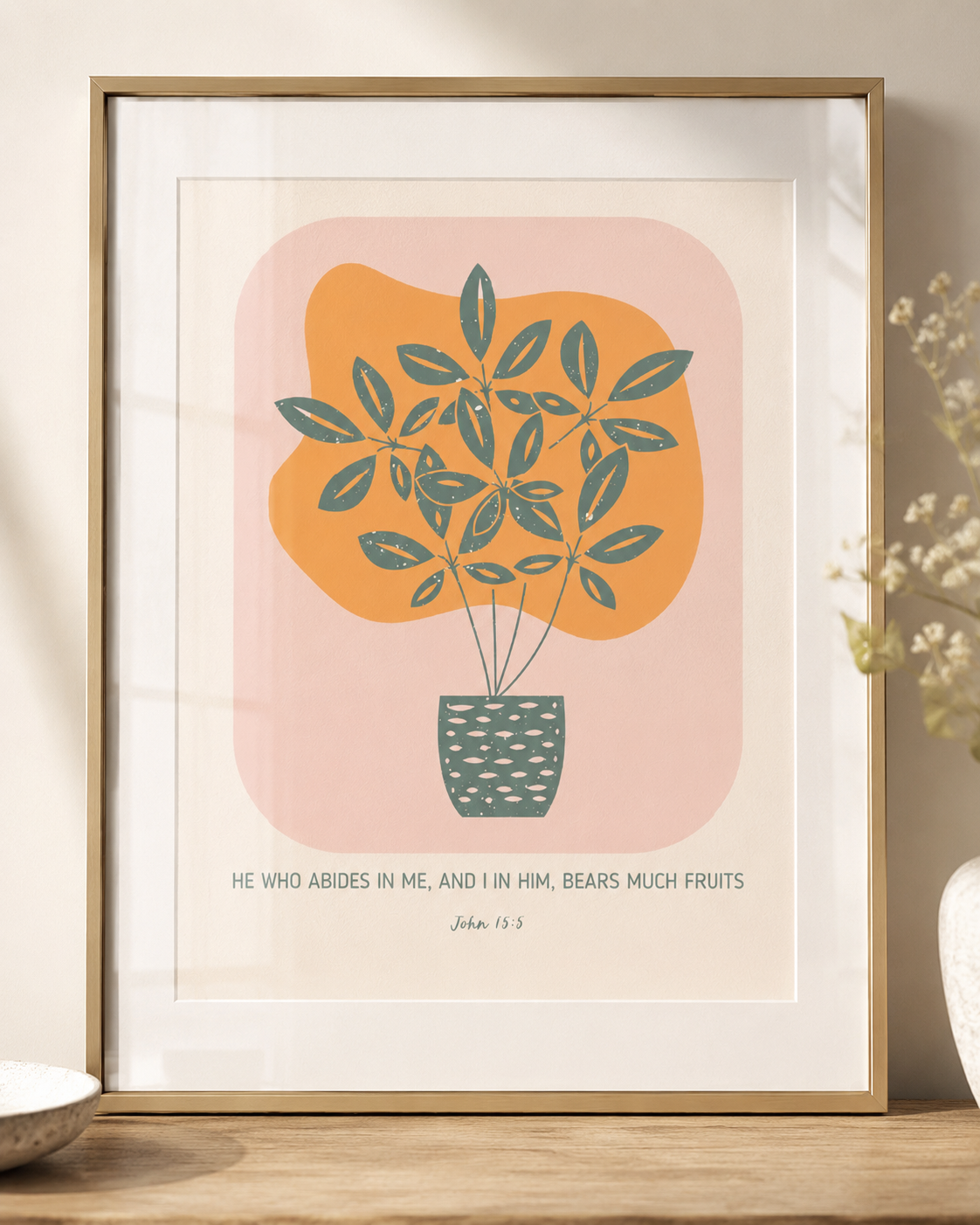 John 15:5 wall art print in a gold frame showing the modern potted plant design