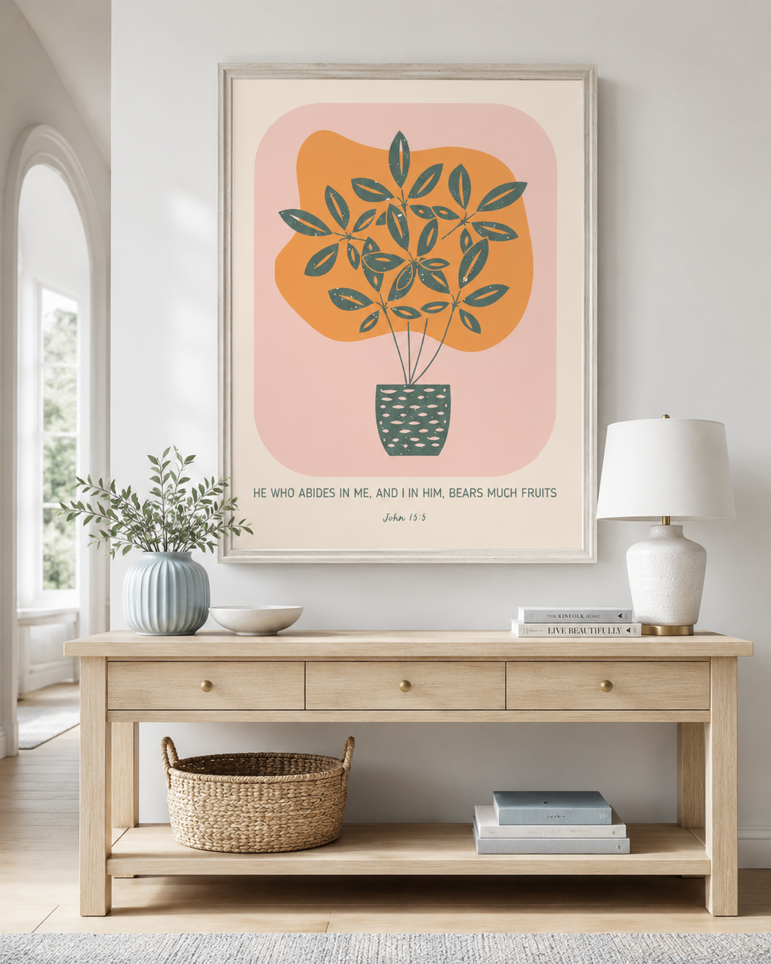 Framed John 15:5 wall art print on a console table near an entryway