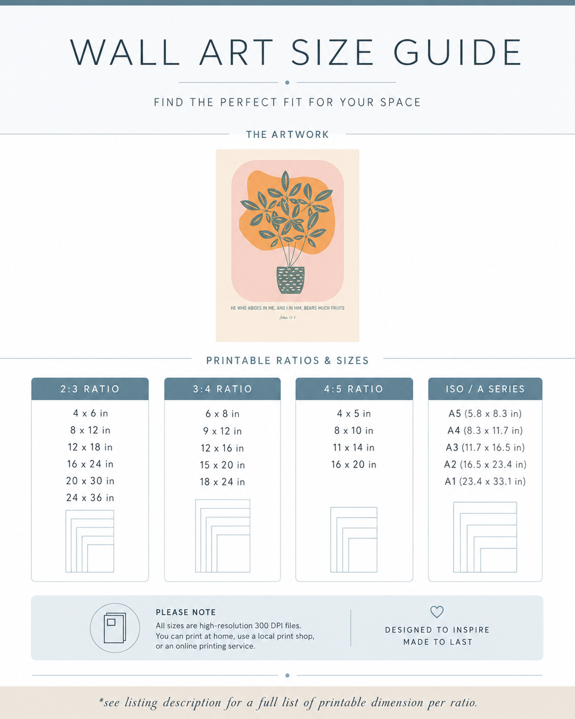 Wall art size guide chart showing available print sizes for the John 15:5 wall art download