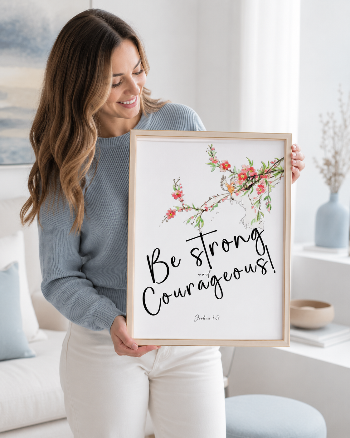 Woman holding a framed Joshua 1:9 "Be Strong and Courageous" print with pink floral design
