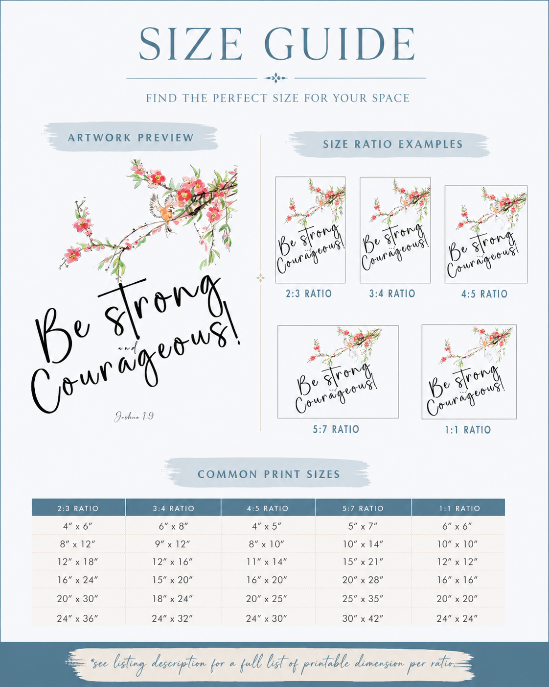 Printable size guide chart showing available print sizes for the Joshua 1:9 floral wall art download