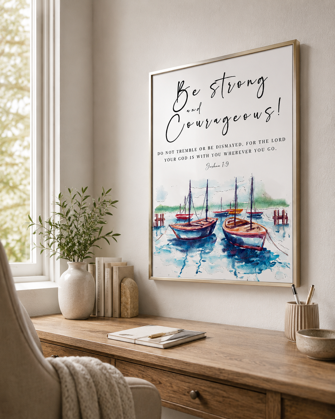 Joshua 1:9 nautical wall art print displayed on a home office desk
