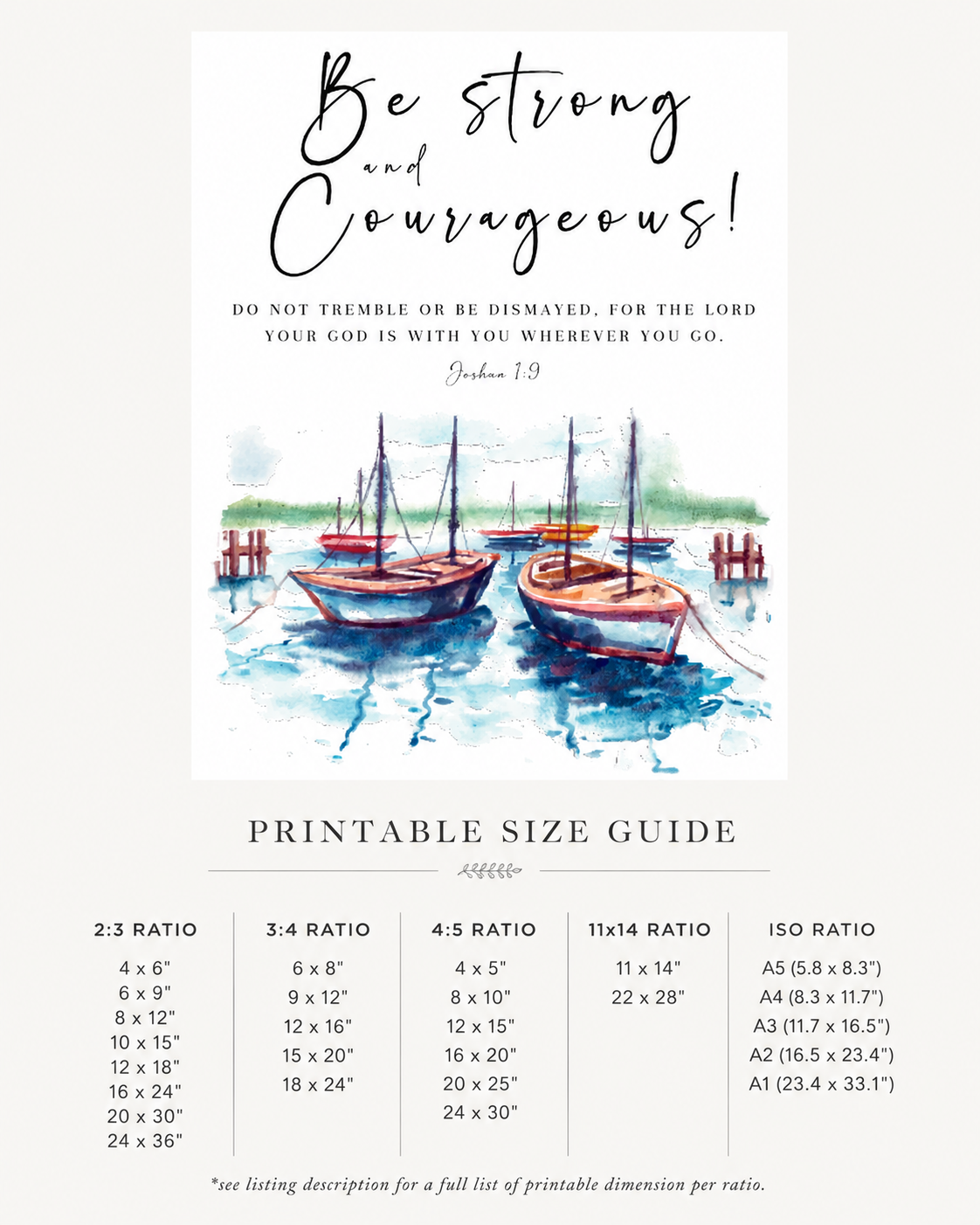 Printable size guide chart showing available print sizes for the Joshua 1:9 nautical wall art download
