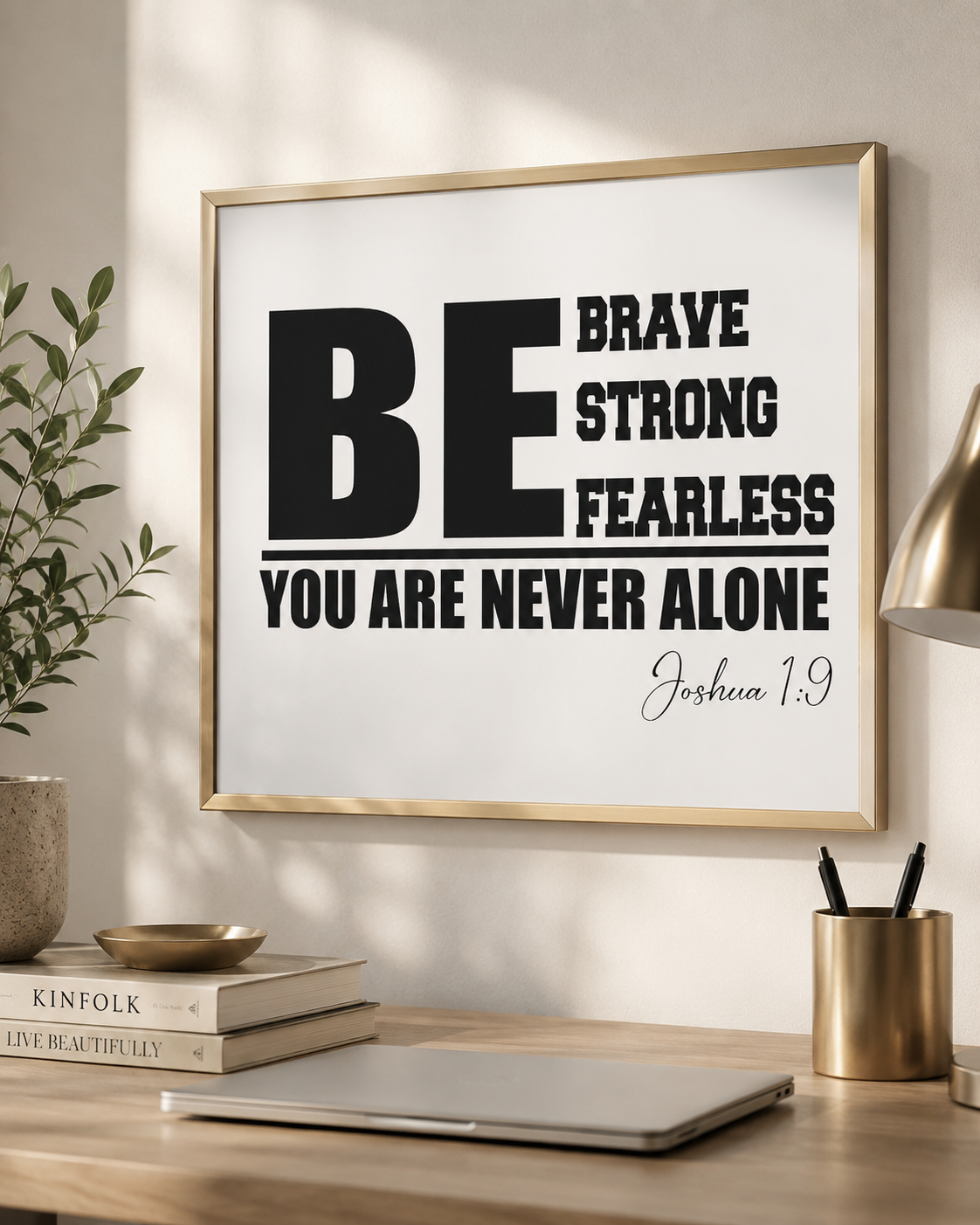 Framed Joshua 1:9 wall art print on a desk with books and a pen holder