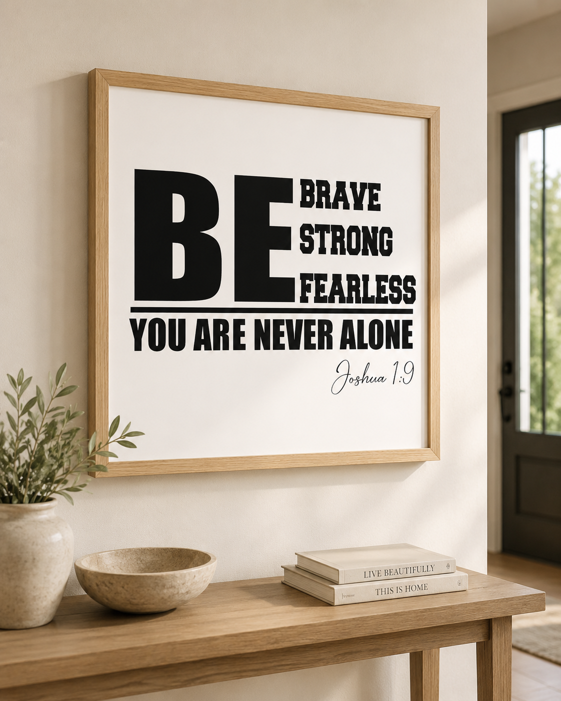 Joshua 1:9 bold typography wall art print near a bright window