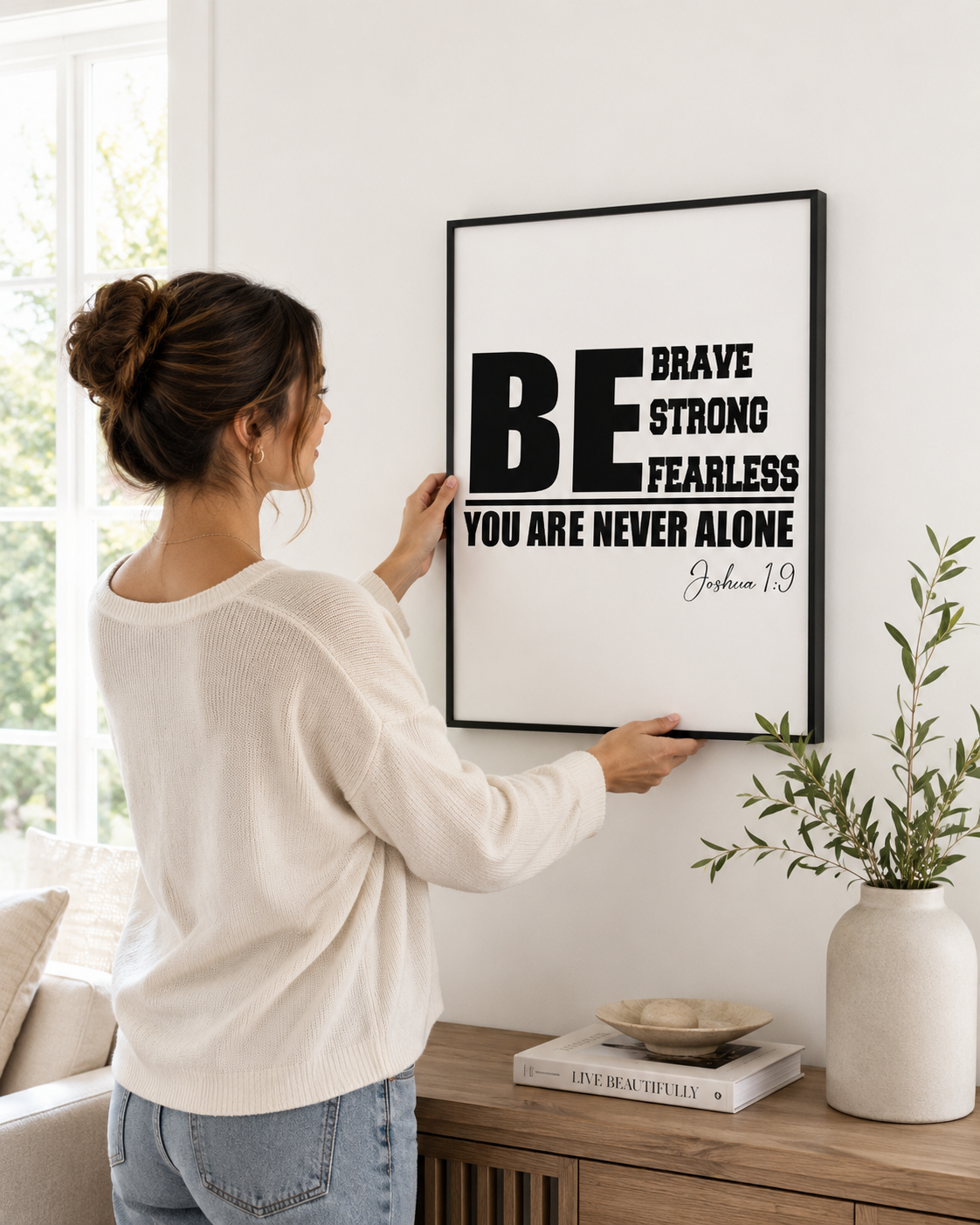 Woman hanging a framed Joshua 1:9 "You Are Never Alone" print on a wall