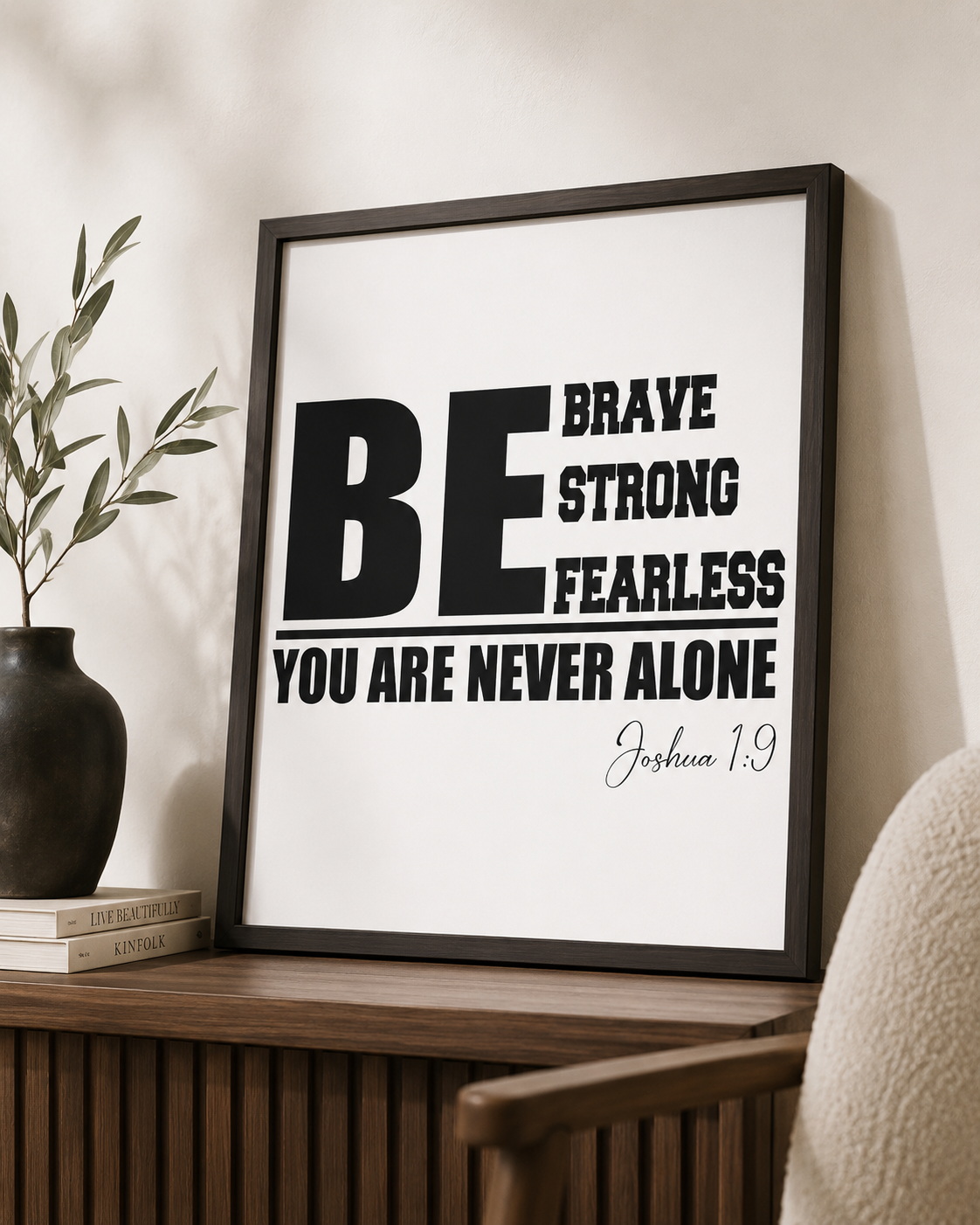 Black-framed Joshua 1:9 wall art print displayed on a shelf with a vase