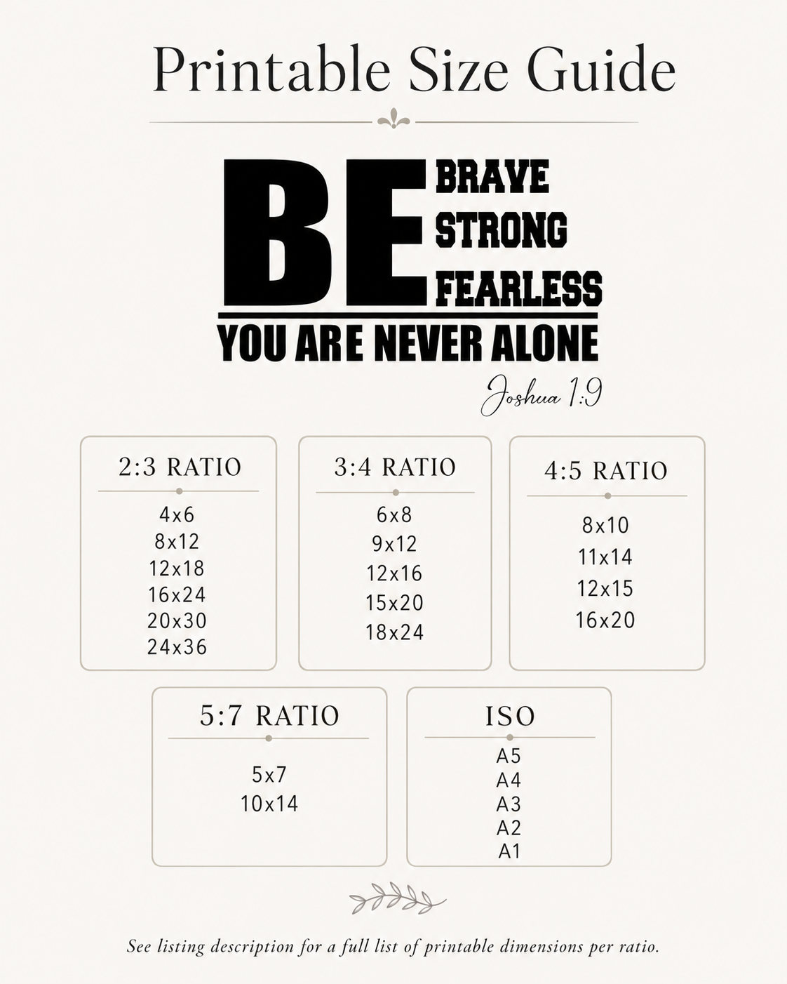 Printable size guide chart showing available print sizes for the Joshua 1:9 wall art download
