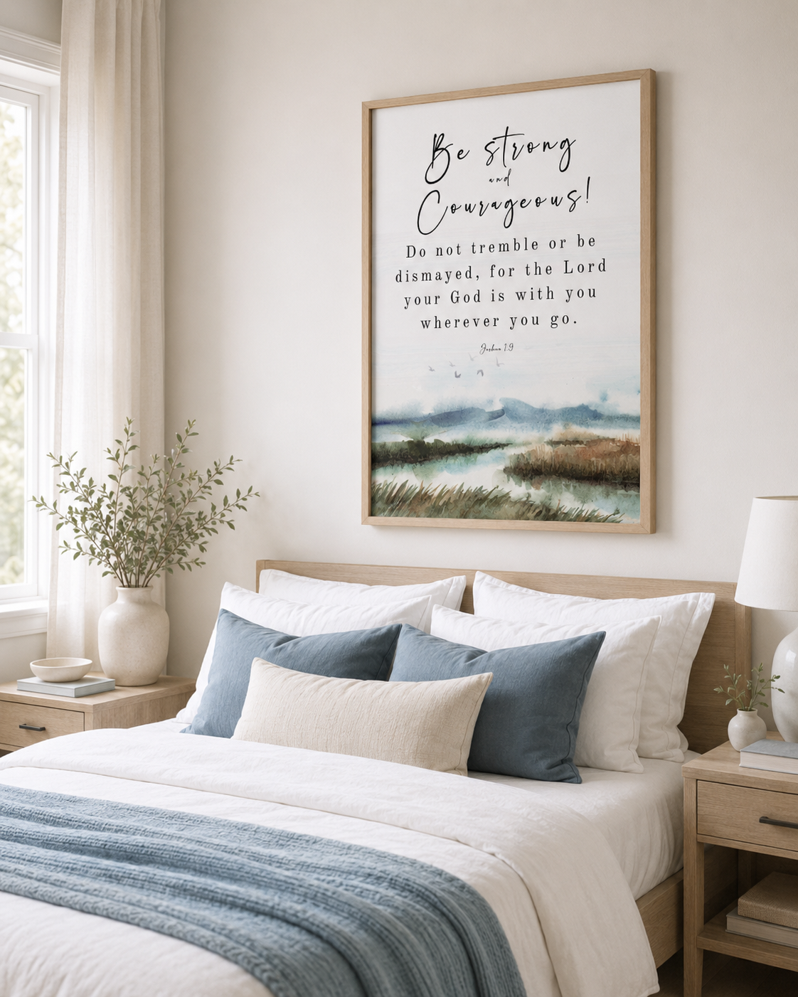 Joshua 1:9 scripture print in a gold frame hung above a bed with blue and white bedding