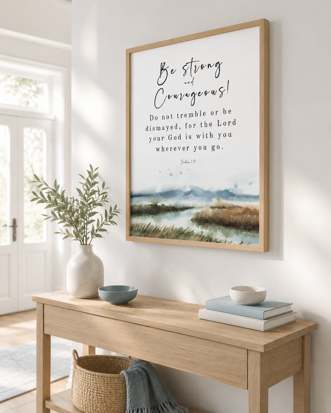 Framed Joshua 1:9 wall art displayed on a console table near a bright window