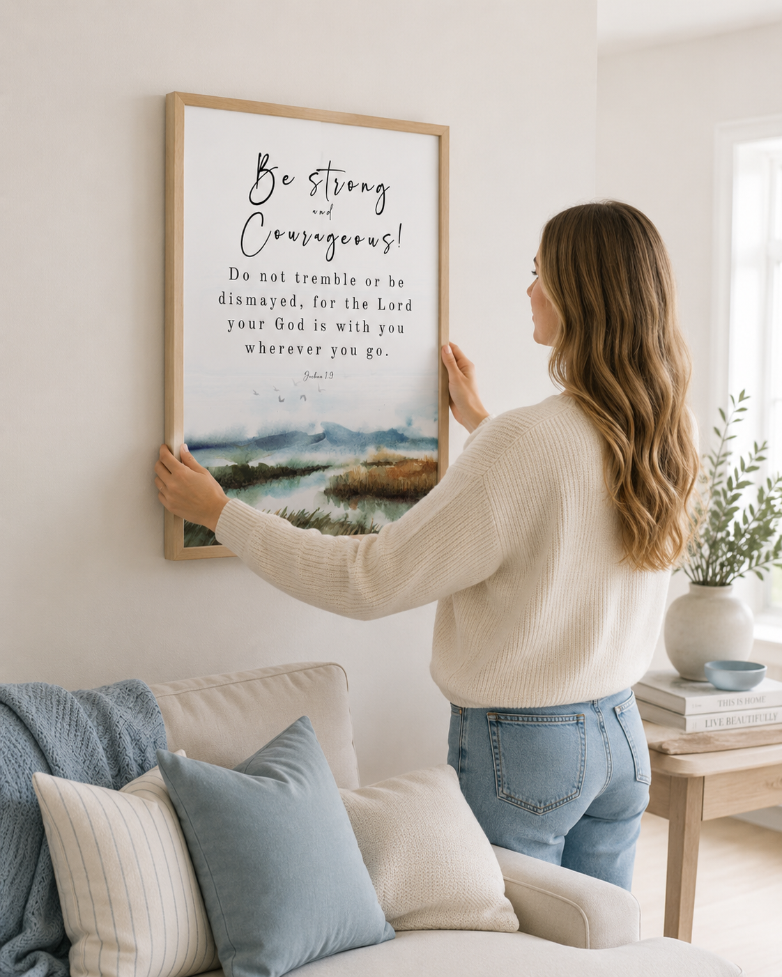 Woman hanging a framed Joshua 1:9 "Be Strong and Courageous" print on a bedroom wall